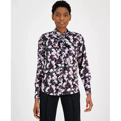 Anne Klein Womens Printed Tie Neck Button Front Blouse for Office or Casual Wear, Anne Black