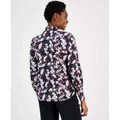 Anne Klein Womens Printed Tie Neck Button Front Blouse for Office or Casual Wear, Anne Black
