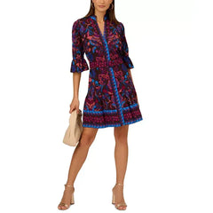 Adrianna Papell Womens 3/4 Sleeve Belted Fit and Flare Dress, Flattering Style for Special Occasions, Brn Multi