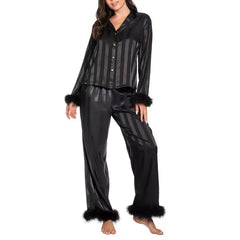 Macy's Women's 2-Pc. Satin Feather-Trim Pajamas Set-Black