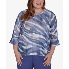 Alfred Dunner Plus Size Worth Avenue Watercolor Animal Stripe Bell Sleeve Top, Multi Purple
