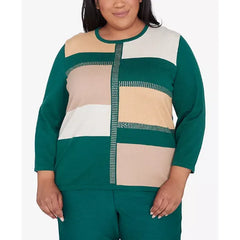 Alfred Dunner Plus Size Emerald Isle Colorblock Gold Trim Sweater, Multi Green