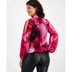 Women's Crinkle Chiffon Cold-Shoulder Blouse, Created for Macy's-Black Garden pink