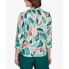 Alfred Dunner Women's Emerald Isle Abstract Leaf Top with Bell Sleeves, Neutral Multi , Size Small