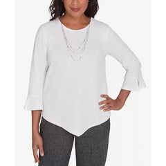 Alfred Dunner Women's Worth Avenue Crew Neck Textured Top with a Detachable Necklace, Ivory