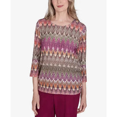Alfred Dunner Women's Wine Country Chevron Textured Crew Neck Top, Neutral Multi