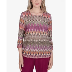 Alfred Dunner Women's Wine Country Chevron Textured Crew Neck Top, Neutral Multi