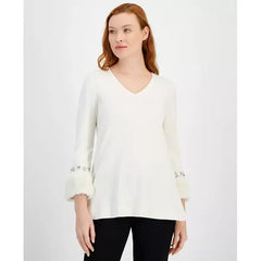 Anne Klein Womens Faux Fur Trim Sweater, Cozy Stylish Sweater for Casual or Dressy Wear