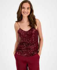 Macy's Women's V-Neck Sleeveless Sequin Top-Red rubby