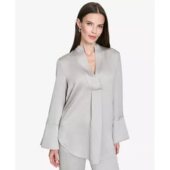 Macy's Women's Band-Collar V-Neck Long-Sleeve Tunic-Silver