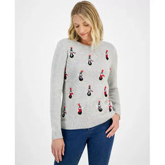 Petite Fuzzy Penguins Crewneck Sweater, Created for Macy's-Marled Sleep Grey
