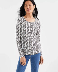 Petite Floral Vine Scoop-Neck Long-Sleeve T-Shirt, Created for Macy's-Floral Shitake