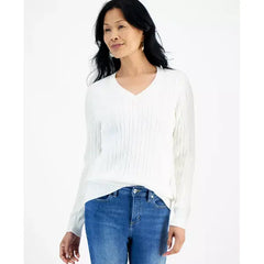 Women's Cotton Cable-Knit V-Neck Sweater, Created for Macy's-Natural