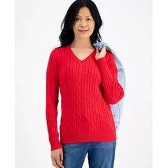 Women's Cotton Cable-Knit V-Neck Sweater, Created for Macy's-Tango red