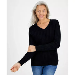 Women's Cotton Cable-Knit V-Neck Sweater, Created for Macy's-Deep black