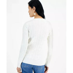 Women's Cotton Cable-Knit V-Neck Sweater, Created for Macy's-Natural