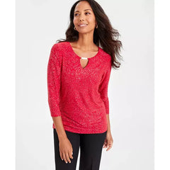 Women's Glitter Jacquard 3/4-Sleeve Top, Created for Macy's-Galm red combo