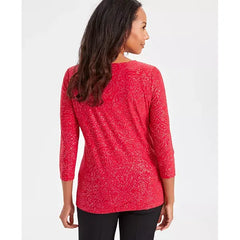 Women's Glitter Jacquard 3/4-Sleeve Top, Created for Macy's-Galm red combo