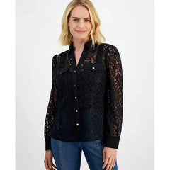 Petite Lace Top, Created for Macy's-Deep black