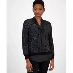 Anne Klein Womens Layered Jacquard Shimmer Sweater, Elegant and Comfortable Knit, Anne Black, Size XXS