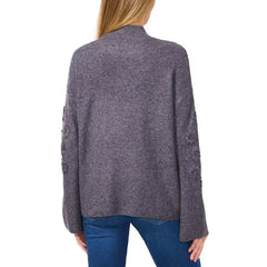 Macy's Women's Floral Embroidered Mock Neck Bell-Sleeve Sweater-Medium heather gray