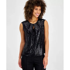 Macy's Women's Mirror-Dot Front-Keyhole Sleeveless Top, Regular and Petite Sizes-Black