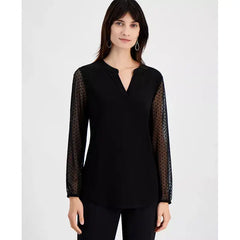 Macy's Women's Sheer-Sleeve Split-Neck Knit Top, Regular and Petite Sizes-Rich Black
