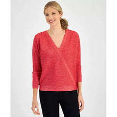Women's Faux-Wrap Long-Sleeve Sparkle Sweater, Created for Macy's-Glamerous red