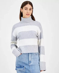 Juniors' Stripe Cuffed Sleeve Turtleneck Sweate, created by Macy's-Grey/White