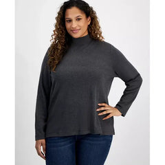 Plus Size Cotton Mock Neck Long-Sleeve Top, Created for Macy's-Charcoal heather