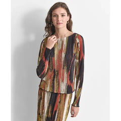 Macy's Women's Printed Crewneck Long-Sleeve Plissé Top-Paint stro