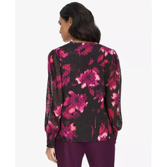 Macy's Women's Printed V-Neck Long-Sleeve Blouse-Black multi