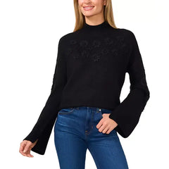 Macy's Women's Floral Embroidered Mock Neck Bell-Sleeve Sweater-Black