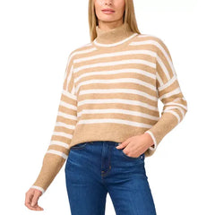 Women's Striped Long Sleeve Turtleneck Sweater,Created by Macy's-Latte heather