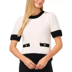 Women's Contrast-Tipped Short-Sleeve Sweater Created by Macy's-Antique White