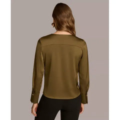 Macy's Women's Long Sleeve Faux-Wrap Satin Blouse-Beech