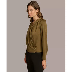 Macy's Women's Long Sleeve Faux-Wrap Satin Blouse-Beech