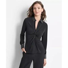 Macy's Women's Knot-Front Faux-Leather-Trimmed Collared Top-Black