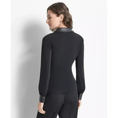 Macy's Women's Knot-Front Faux-Leather-Trimmed Collared Top-Black