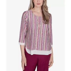 Alfred Dunner Petite Wine Country Metallic Stripe Necklace Top, Mured