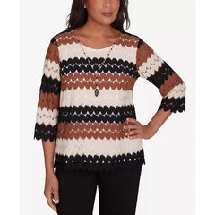 Alfred Dunner Petite Rue Rivoli Lace Textured Necklace Top, Muneutr, Size PM