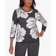 Alfred Dunner Petite Worth Avenue Floral Textured Sweater, Charcoal , Size PS