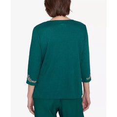 Alfred Dunner Petite Emerald Isle Center Medallion Embroidered Three Quarter Sleeve Top, Emerald, Size PM