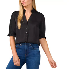 MACY'S Women's Puff-Sleeve Button-Front Blouse-Black