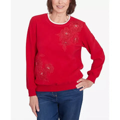 Alfred Dunner Petite Classic Sherpa Floral Embroidered Top, Crimson, Size PM
