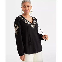 Women's Shine Embroidered Long-Sleeve Blouse, Created for Macy's-Emb Black