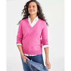Petite Whimsy Shine Pullover V-Neck Sweater, Created for Macy's-Shine Pink Tease