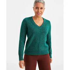 Petite Whimsy Shine Pullover V-Neck Sweater, Created for Macy's-Shine True Emrld