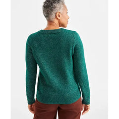Petite Whimsy Shine Pullover V-Neck Sweater, Created for Macy's-Shine True Emrld