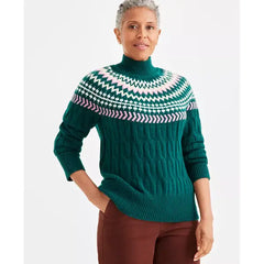 Women's Fair Isle Mockneck Cable-Knit Sweater, Created for Macy's-Emerlad